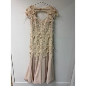 Custom Embroidered Floral Appliqué V-Neck Cap Sleeve Maxi Dress Beige